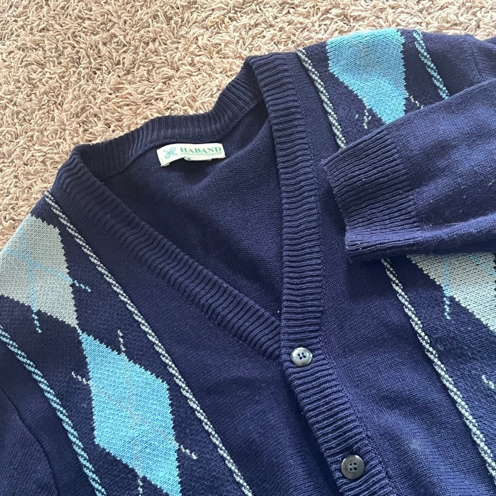 Haband Mens Cardigan Sweater Navy Blue Argyle V-Neck Button Front Pockets Size M